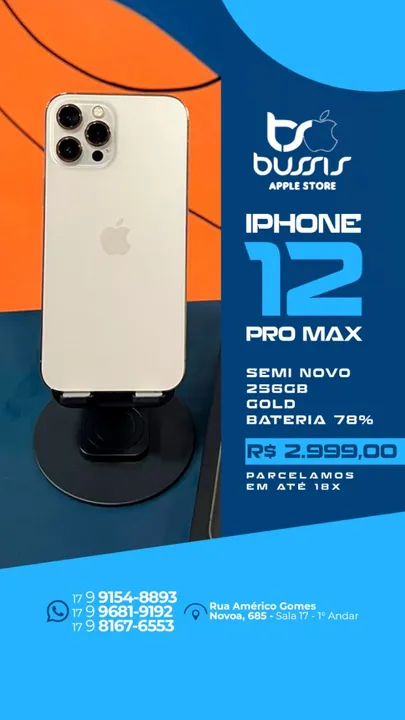 iPhone 12 Pro Max 256GB Gold Saúde de bateria 78% R$ 2.999,00 | Loja Física |