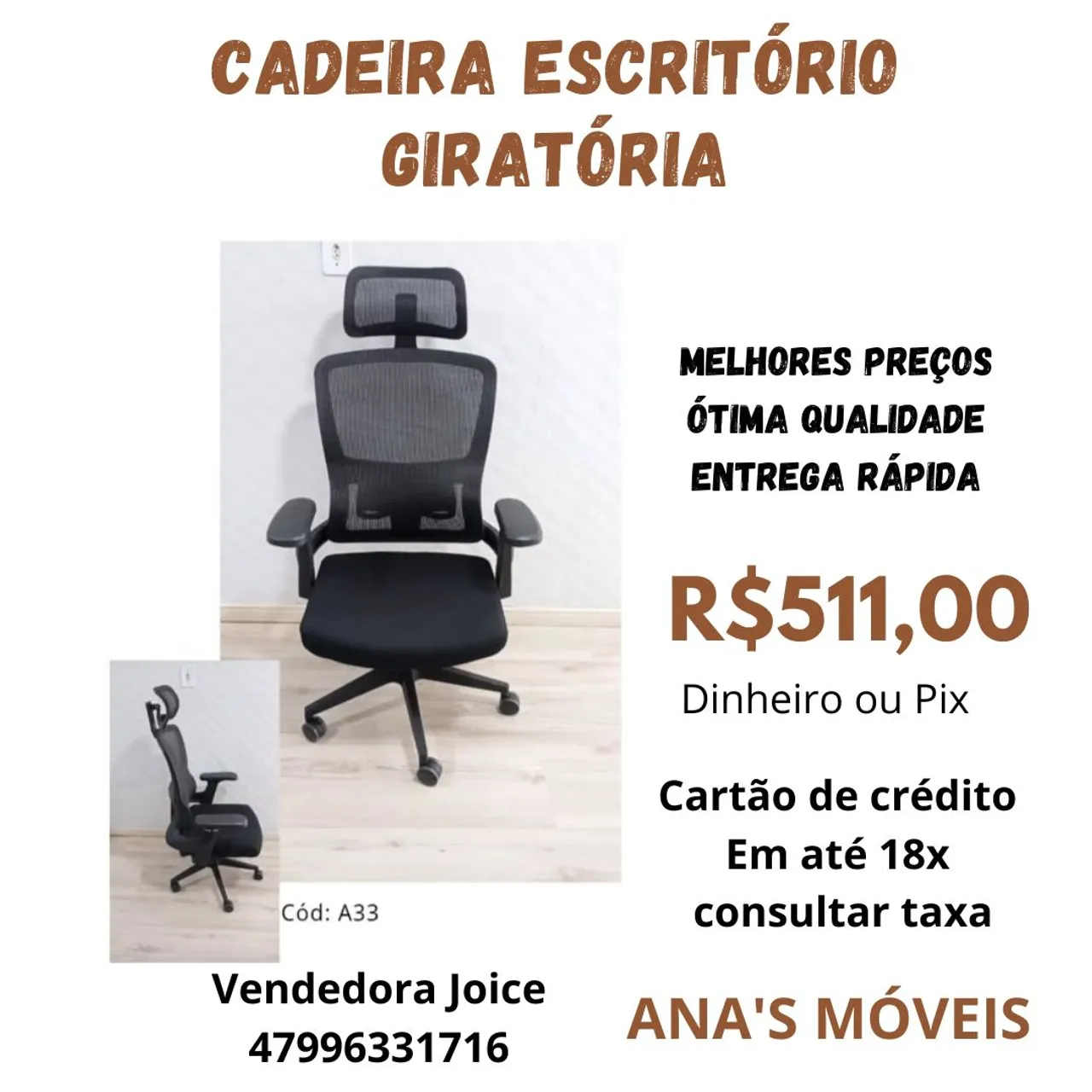 Cadeira Escritório Giratória - Nova - R$511,00