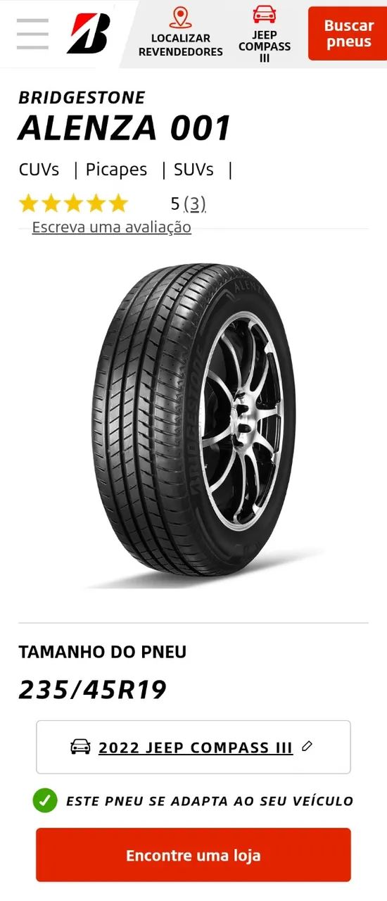 Pneus aro 19 235 45 Bridgestone Alenza Meia Vida
