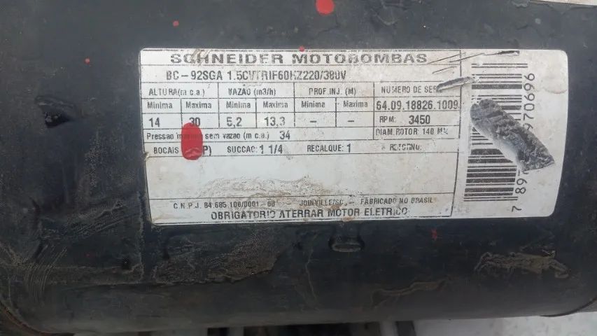 Bomba Centrífuga Monoestágio Schneider BC-92S 1A 1,5 CV Trifásica 220V/380V - Foto 2