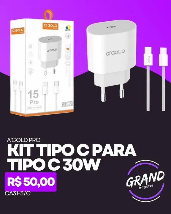 Kit Cabo e Carregador Tipo C 30W A'Gold Pro - Novo