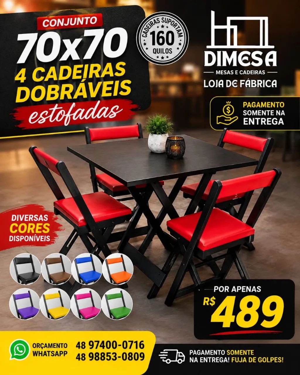 Conjunto 4 cadeiras dobráveis estofadas + mesa 70x70