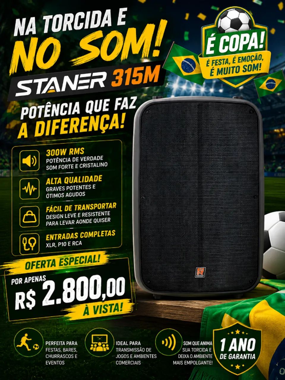 Caixa Ativa Staner 300W 2 Vias Bluetooth Rádio FM SR315M Preta