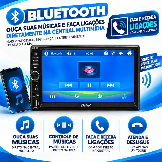 Central Multimídia 7 Polegadas Detroit MP5 USB Bluetooth + Câmera de Ré Brinde  - Foto 4