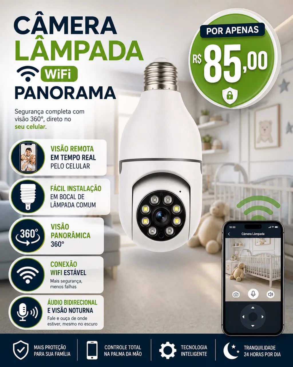 Câmera lâmpada com visão noturna 