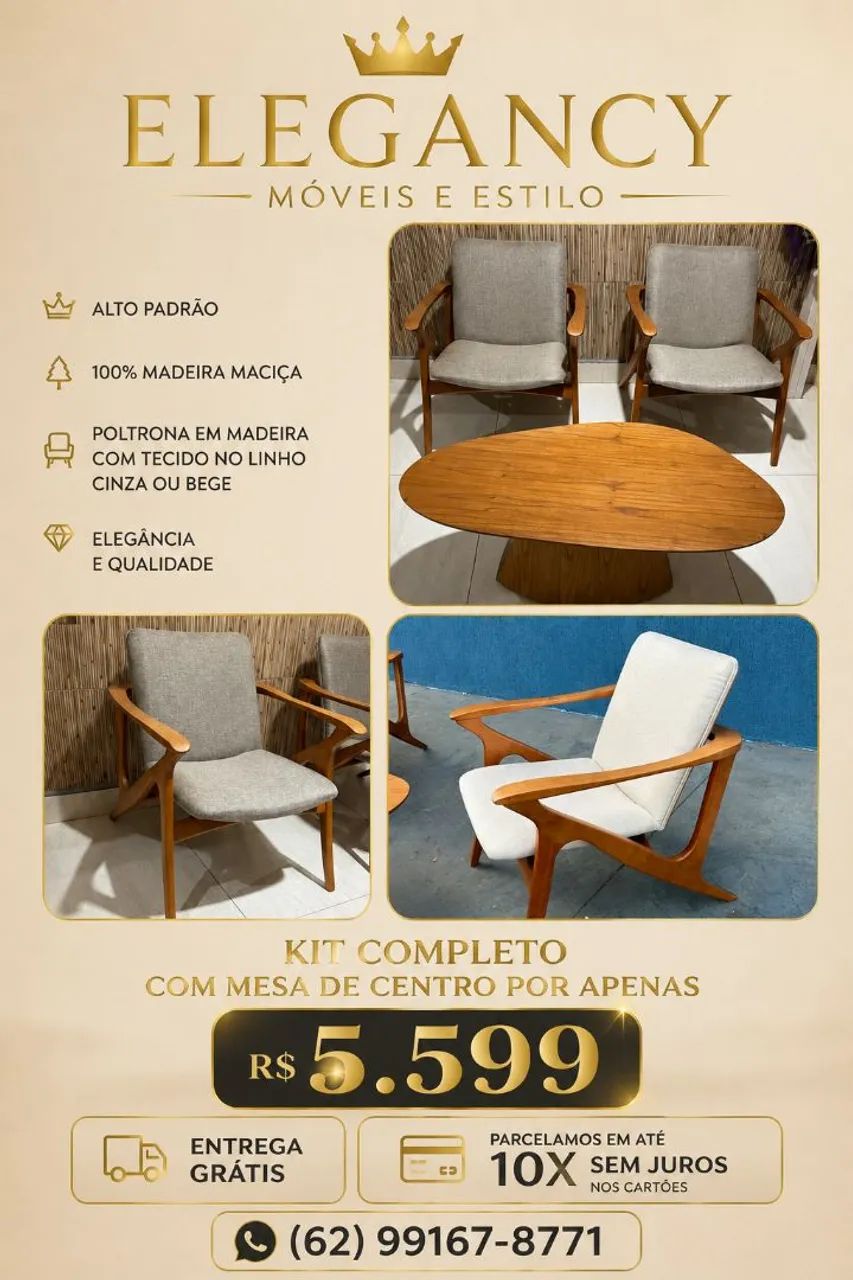 Kit completo com 2 poltronas 100% madeira e mesa de centro orgânica em madeira 