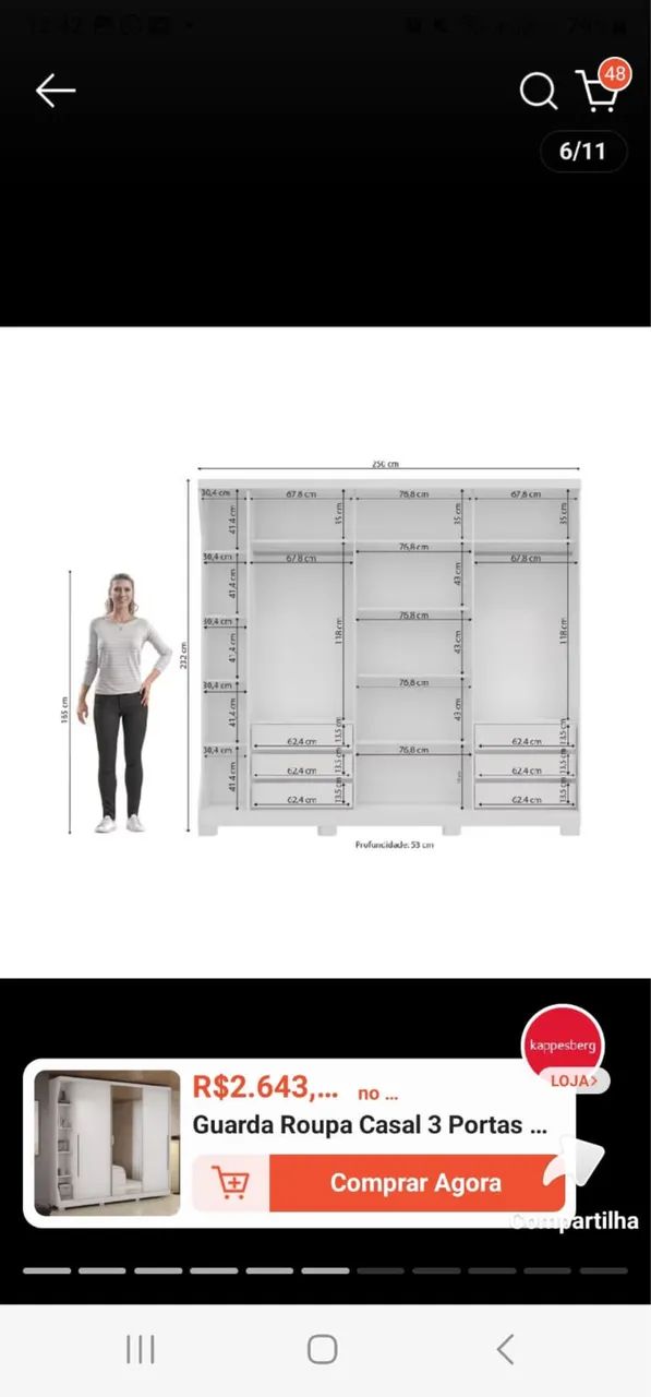 Guarda Roupa Casal 3 Portas com Espelho