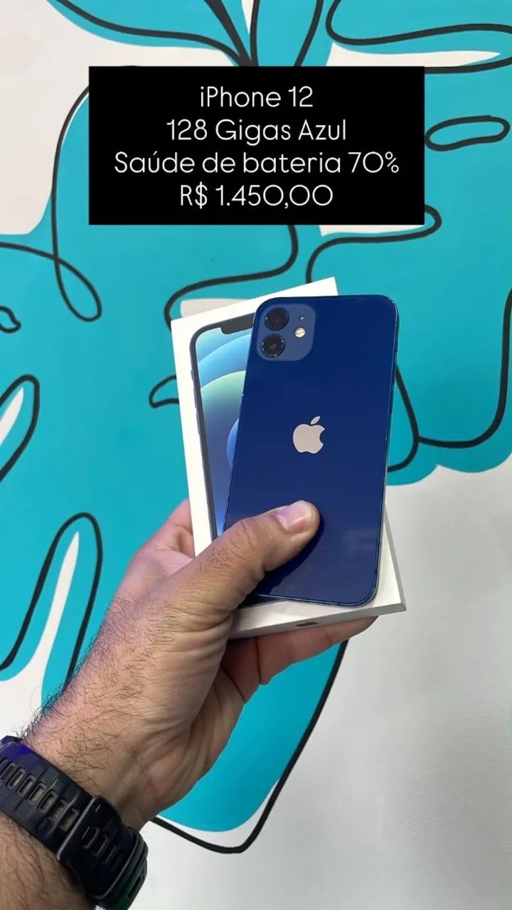 iPhone 12 / 128GB / Azul / Saúde de bateria 70% / R$ 1.450,00