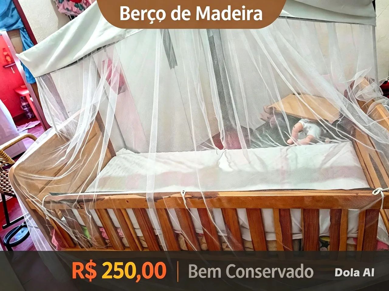 Berço de madeira com mosquiteiro incluso - bem conservado - Foto 2
