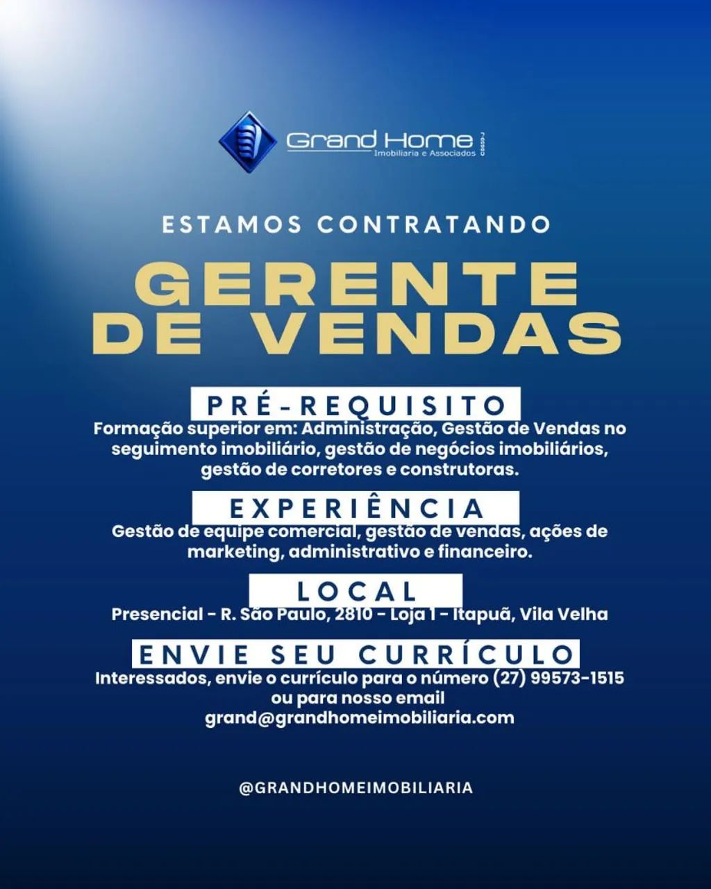 Imobiliária contrata gerente de vendas
