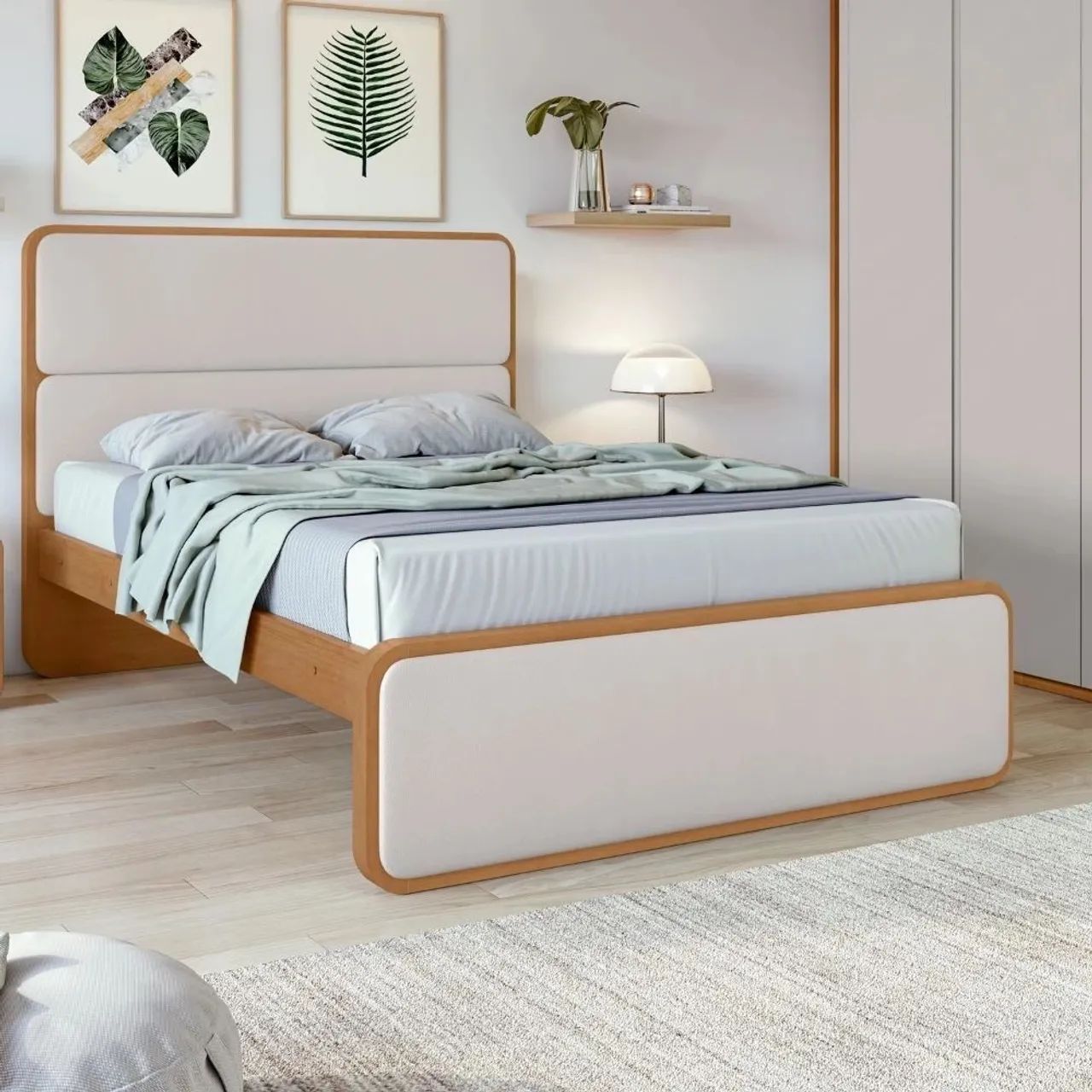 Cama de Casal Lopas Loop MDF/MDP Amêndoa Clean e Corano Bege
