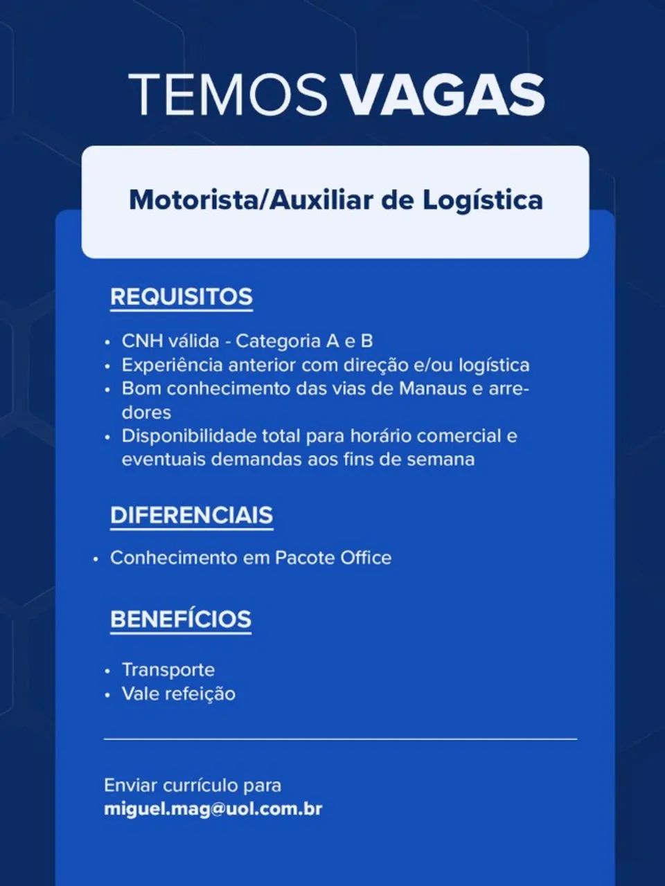 AUXILIA DE LOGISTICA/MOTORISTA