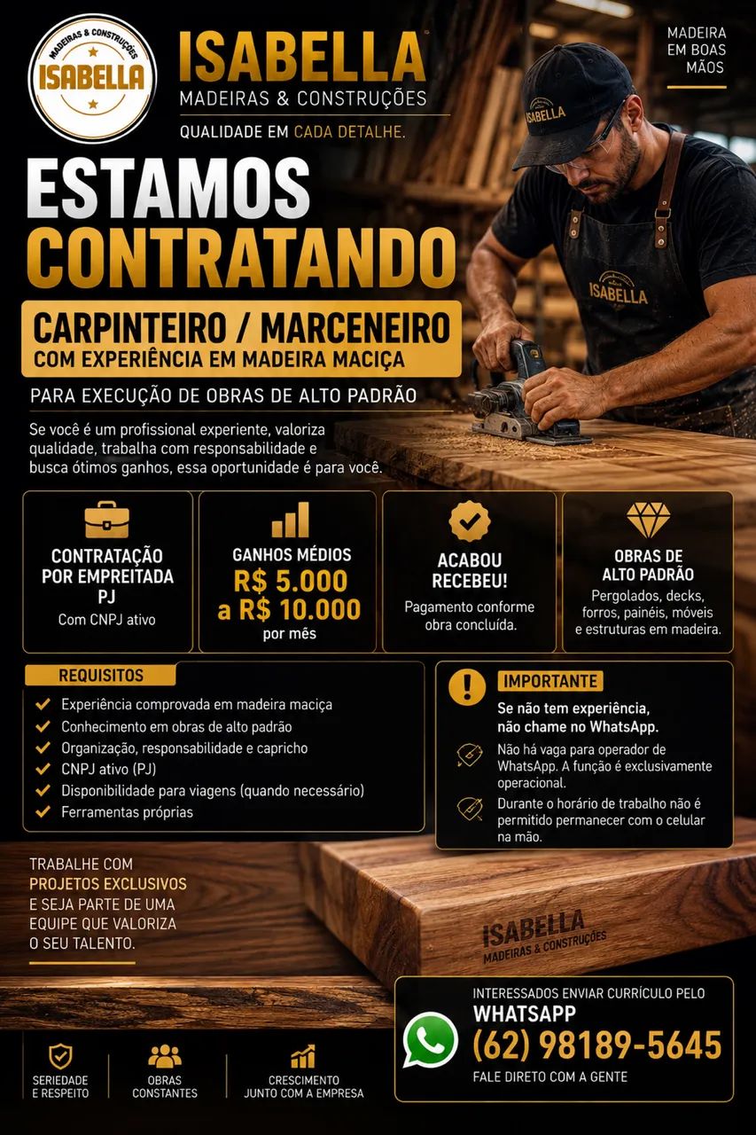 Carpinteiro/ Marceneiro com experiência em Madeira 