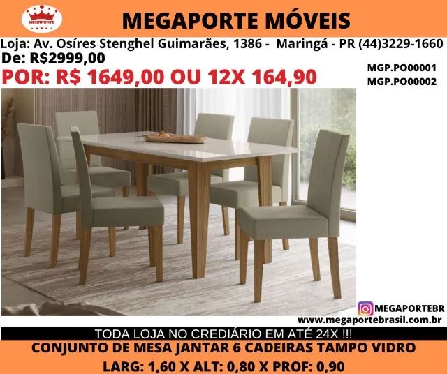 Jogo de Mesa Jantar Tampo Vidro com 6 Cadeiras 