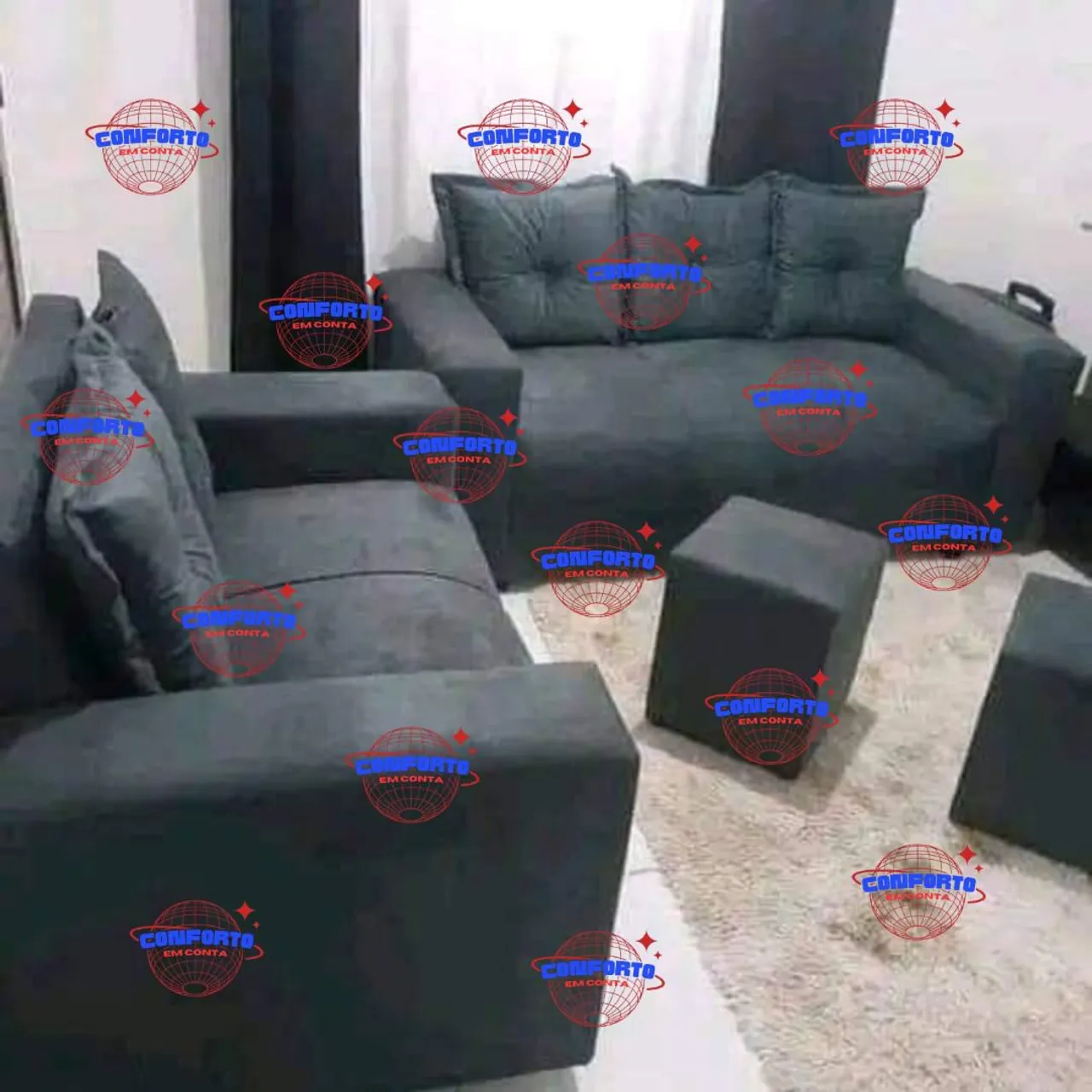 Conjunto Sofá 2 e 3 Lugares com Puffs