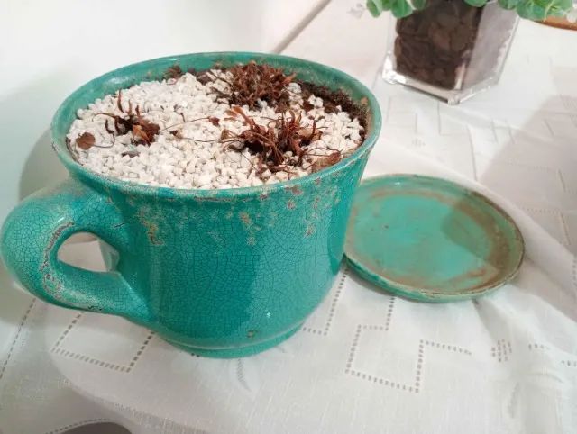 Vaso decorativo c/ prato em Cerâmica Azul 19 cm x 25 cm x 20 cm