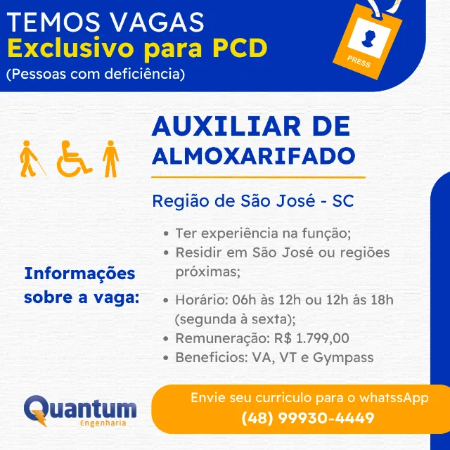 Vaga: auxiliar de Almoxarifado - PCD (pessoa com deficiência)
