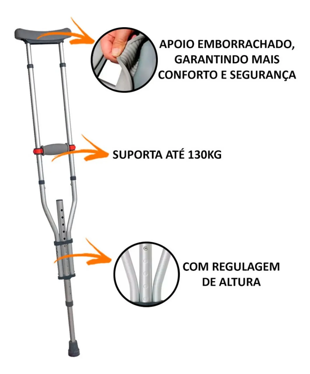 Duas muletas de apoio com regulagem de altura e 130kg de capacidade