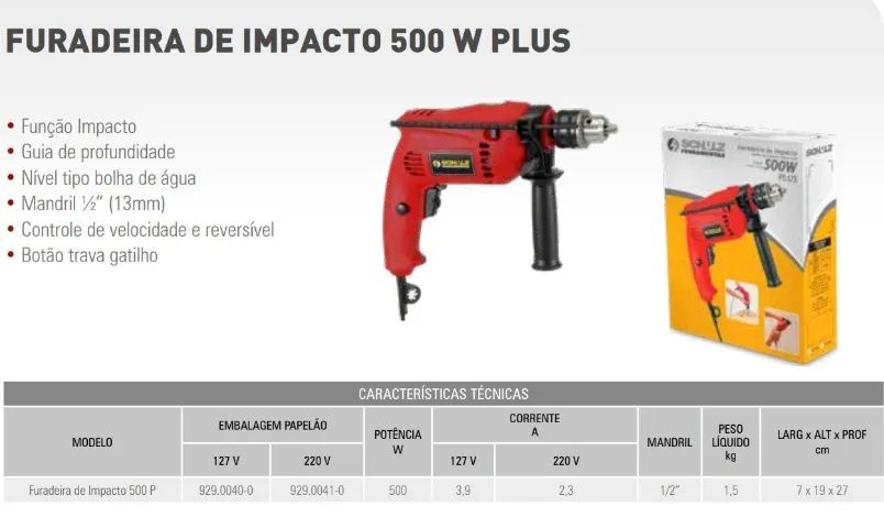 Furadeira de Impacto 1/2" Schulz Plus 500W 110v Nova garantia - Foto 2
