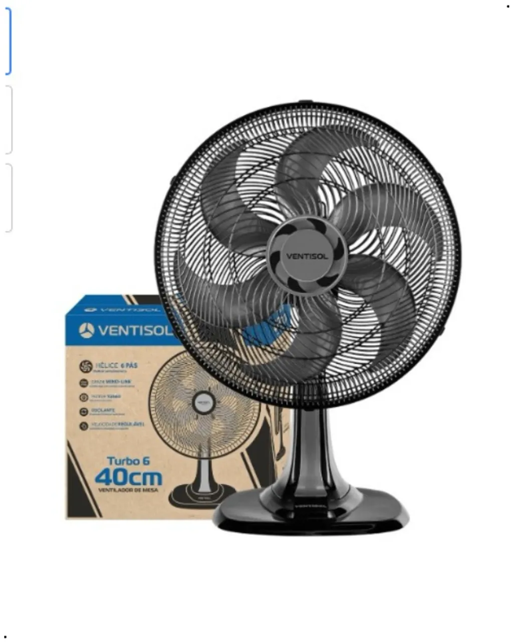 Ventilador de Mesa Ventisol Turbo 80w 40cm 3 Velocidades e 6 Pás Oscilantes Preto e Prata 