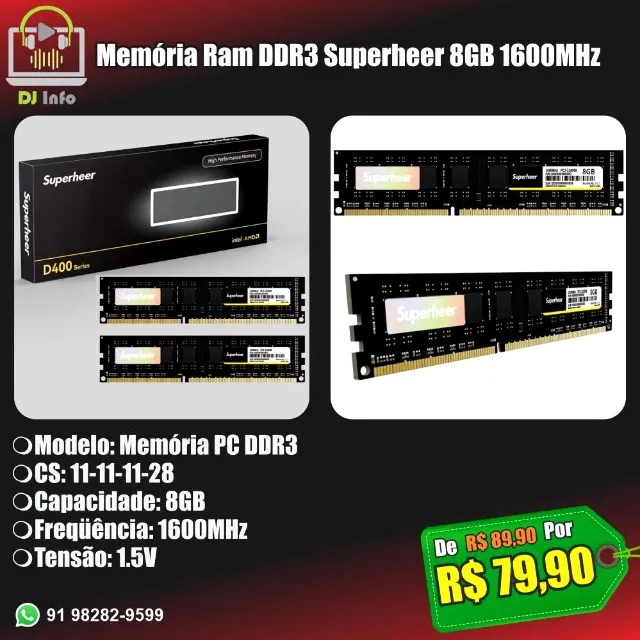 Memória Ram DDR3 Superheer 8GB 1600MHz
