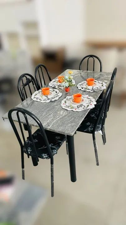 Mesa 6 Lugares De Granito Tubo De Ferro Preto - Em Promoção 
