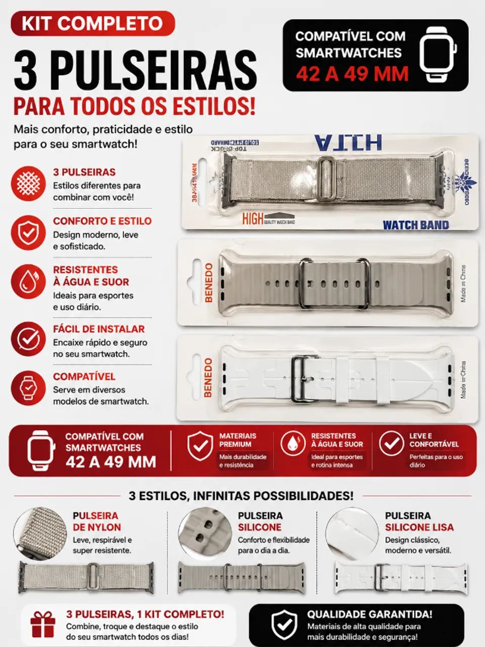 KIT TRÊS PULSEIRAS SMARTWATCH 