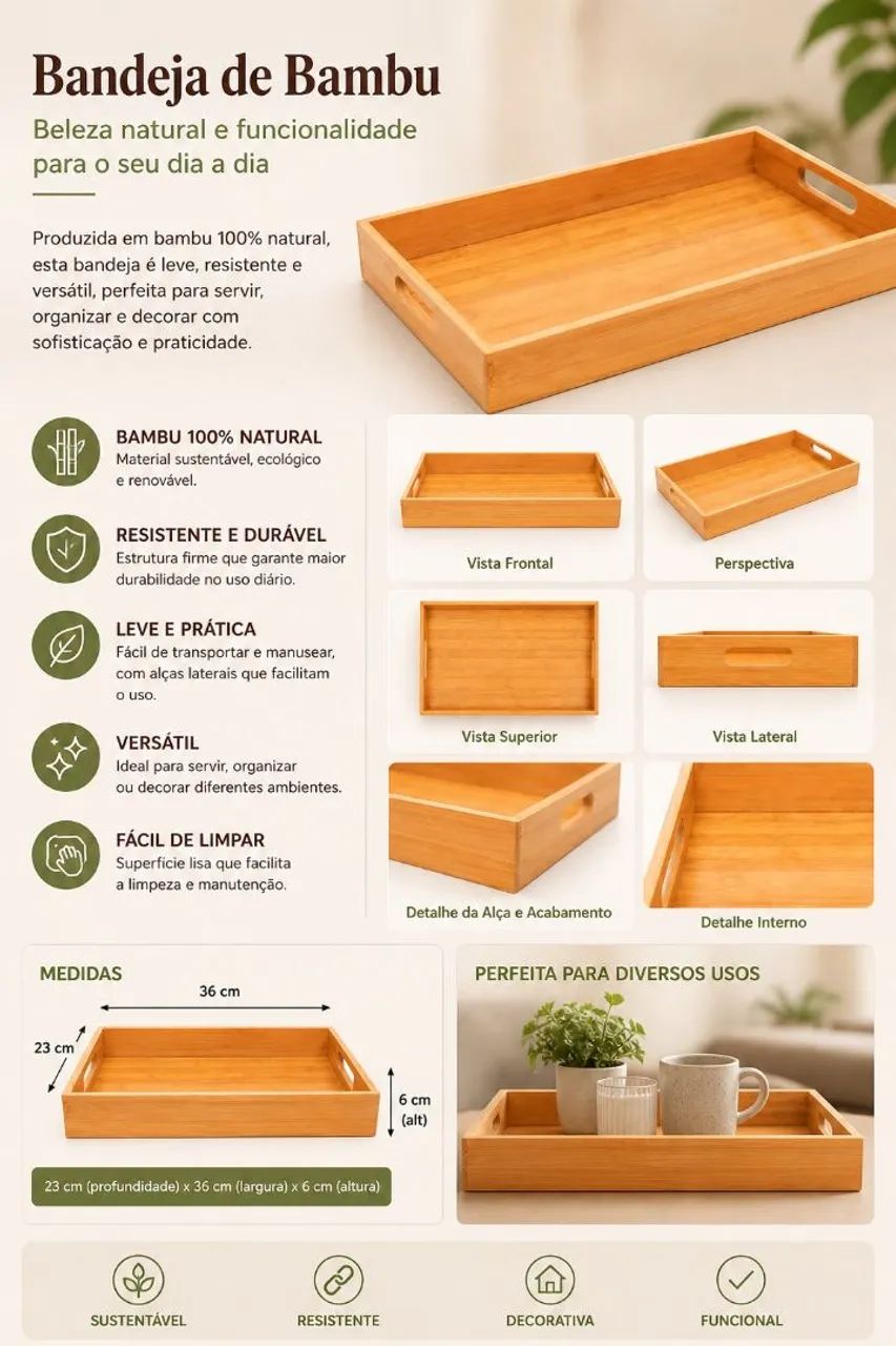 Bandeja de Bambu Premium 36x23cm - Elegância, Organização e Sofisticação para Sua Casa - Foto 3