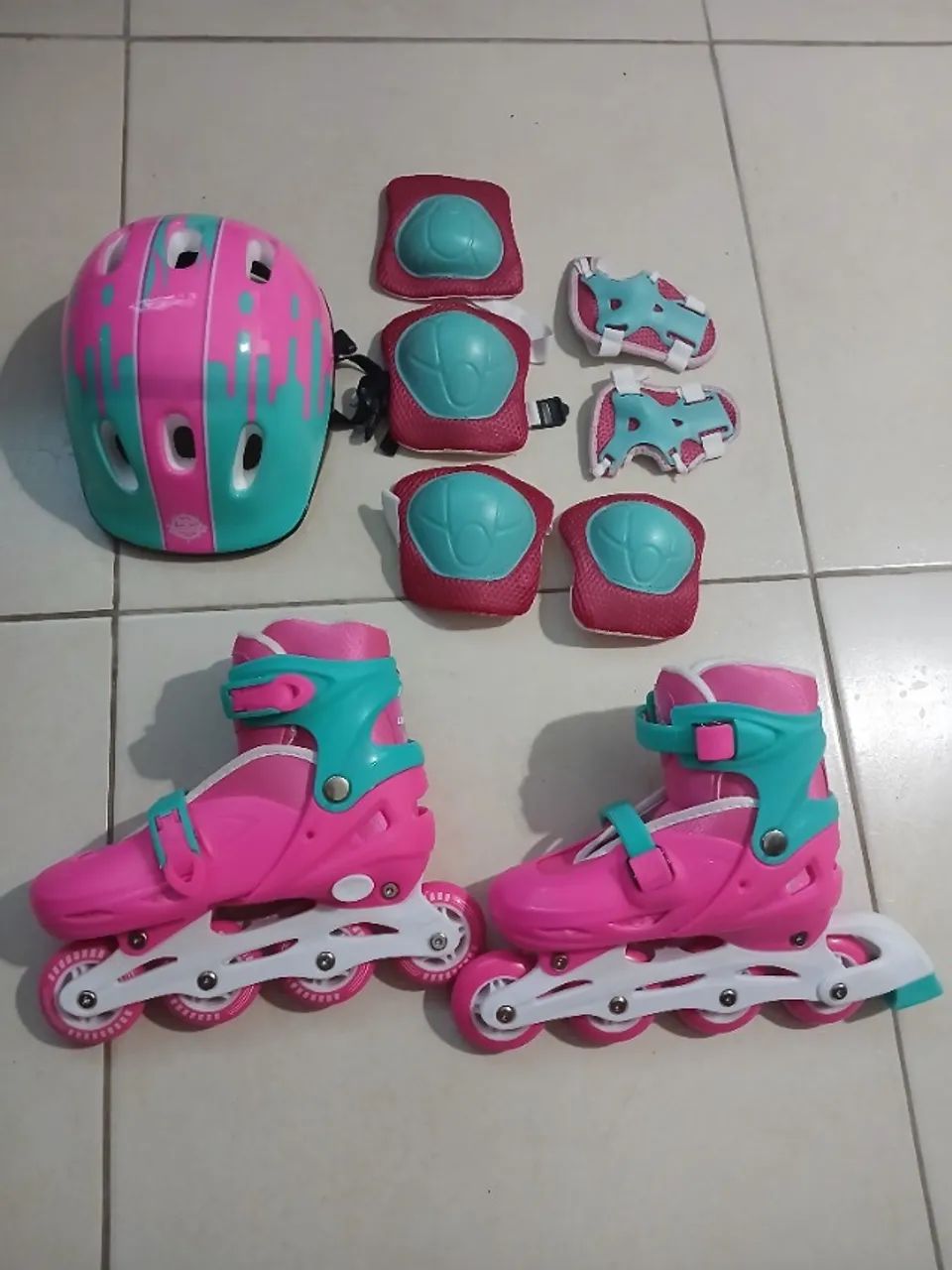 Patins Inline Ajústavel + Proteção Rosa 34/37