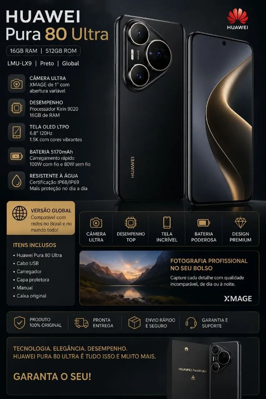 Huawei Pura 80 Ultra 16/512gb LMU LX9 Preto Global - Celulares e