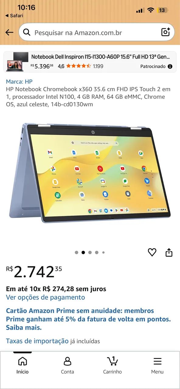 HP Notebook Chromebook x360 35.6 cm FHD IPS Touch 2 em 1, 