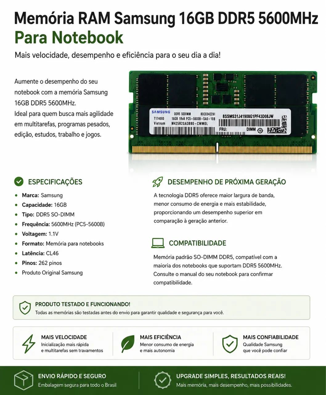 Memória RAM Samsung 16GB DDR5 5600MHz para Notebook - Memória RAM
