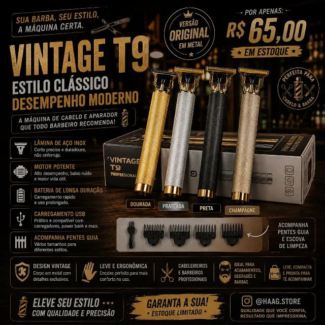 Máquina T9 Vintage Original Metal Profissional Barba Cabelo Várias Cores