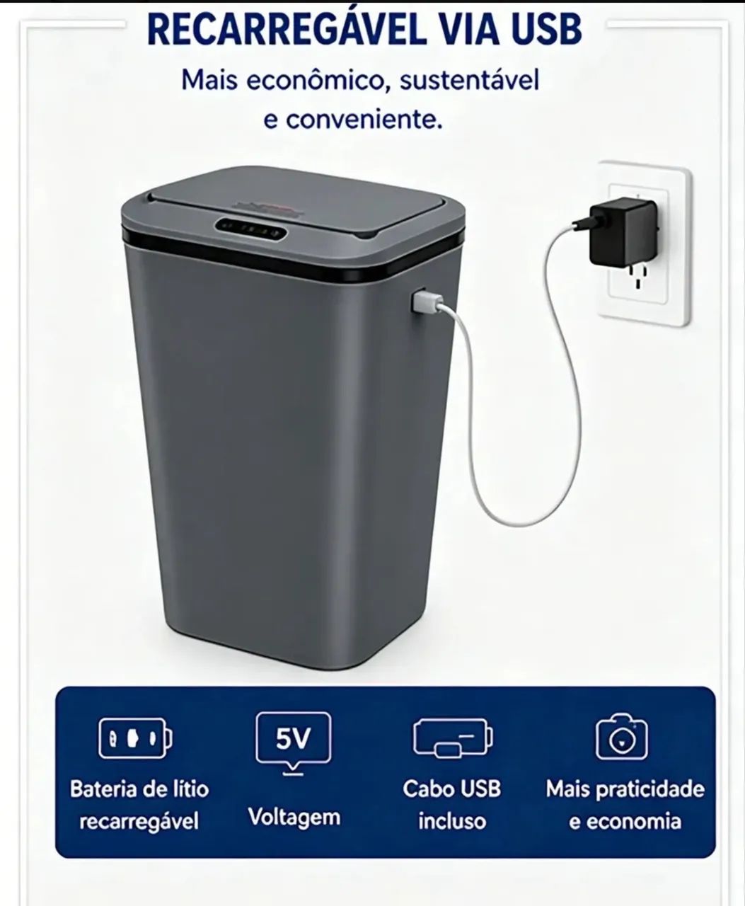 Lixeira Inteligente Sem Contato Sensor Infravermelho + USB Recarregável, Cinza Escuro 16L