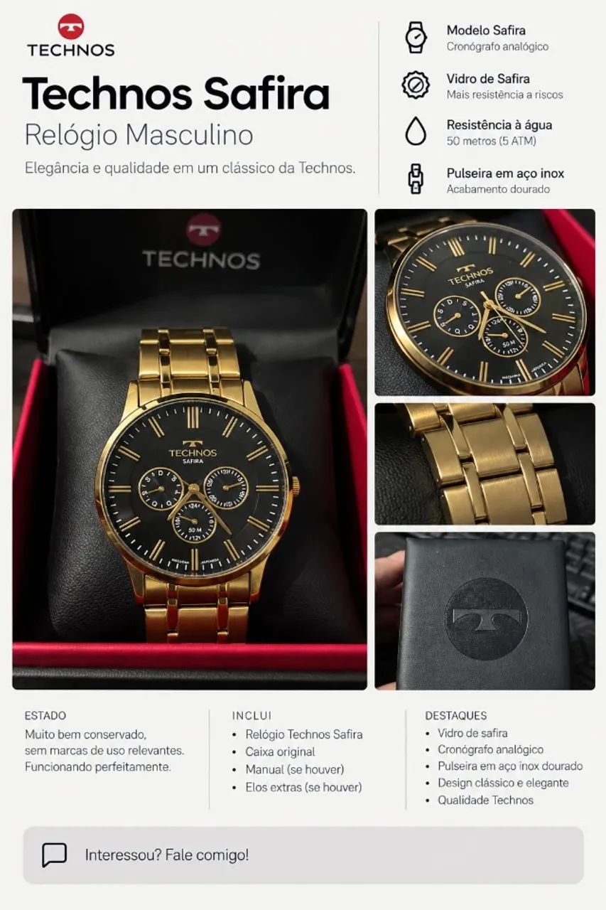 Relogio Technos Safira - Black & Gold