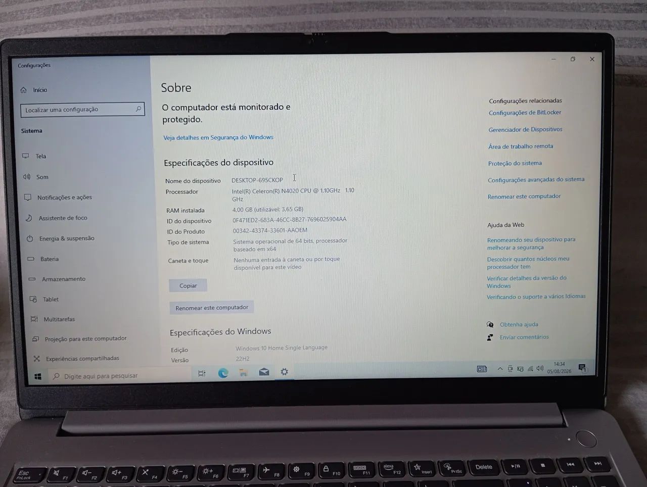 VENDO NOTEBOOK LENOVO INTEL CELERON N4020 4 GB 128 SSD NVME