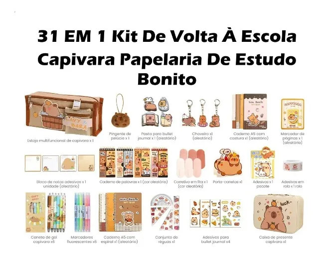 Kit Capivara 31 Itens Papelaria Fofa Presente Criativo Estojo Caderno Canetas Bloco