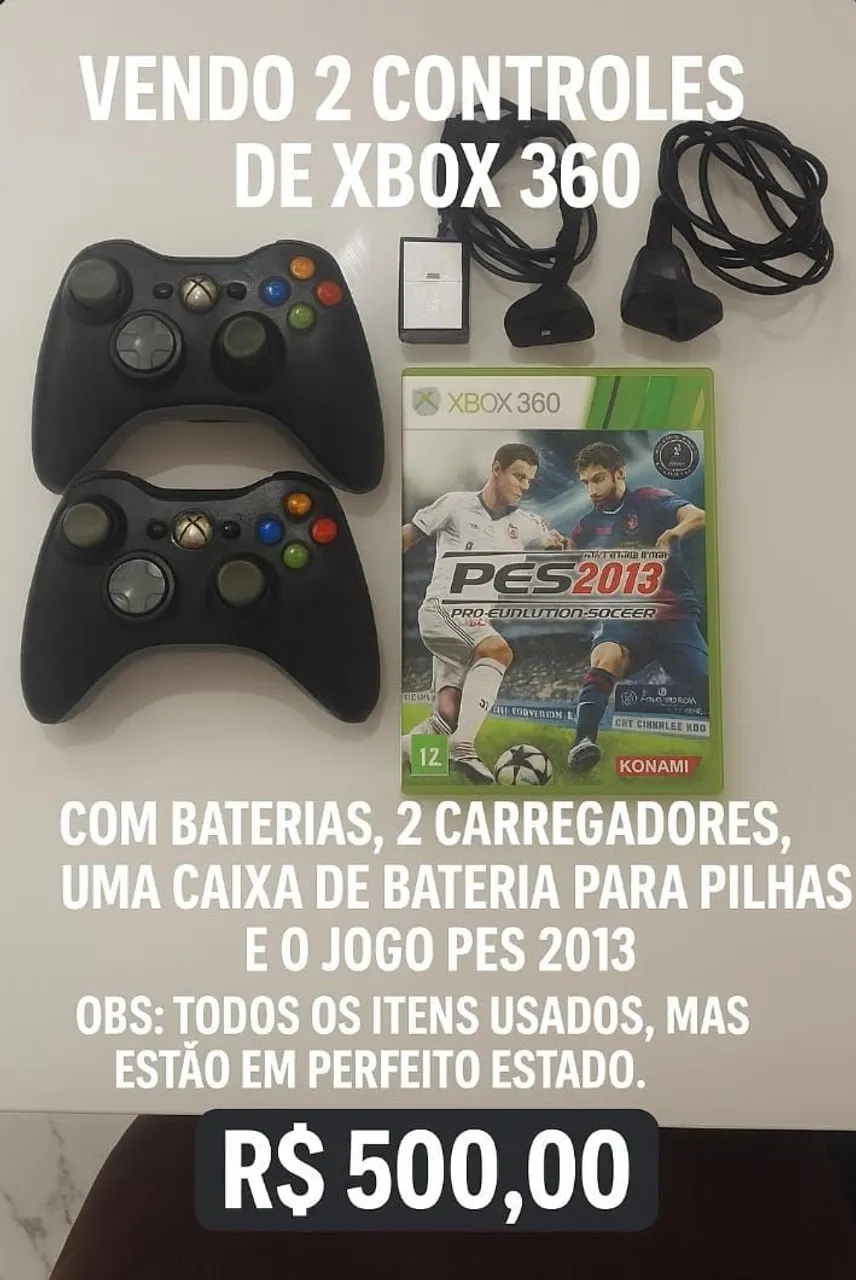 2 Controles Xbox 360 com Jogo PES 2013