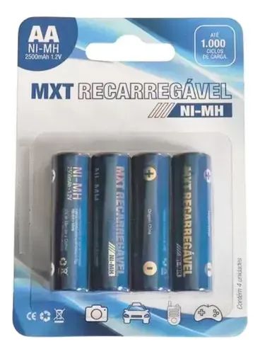 4 Pilha Regarregável Ni-mh Aa-2500mah Mxt 1000 Ciclos Carga