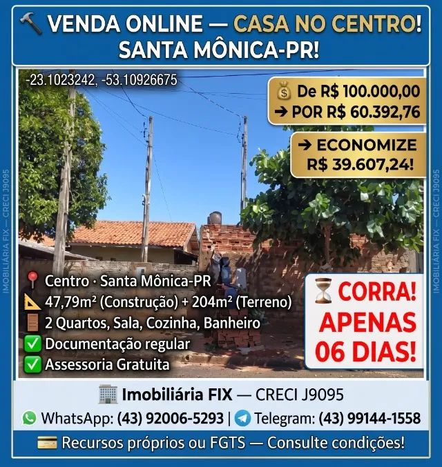 ? VENDA ONLINE ? CASA NO CENTRO! SANTA MÔNICA-PR!