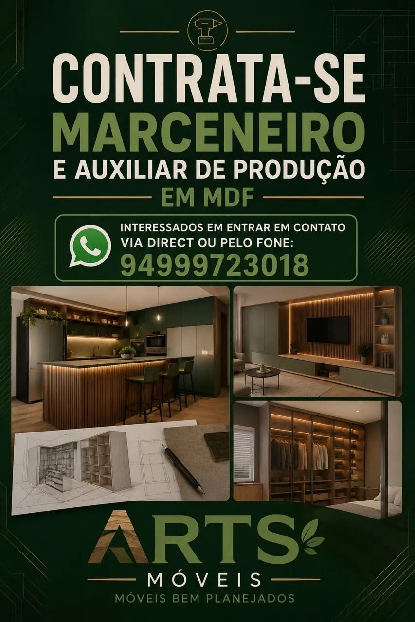 CONTRATA-SE MARCENEIRO E AUXILIAR DE PRODUÇÃO EM MDF 