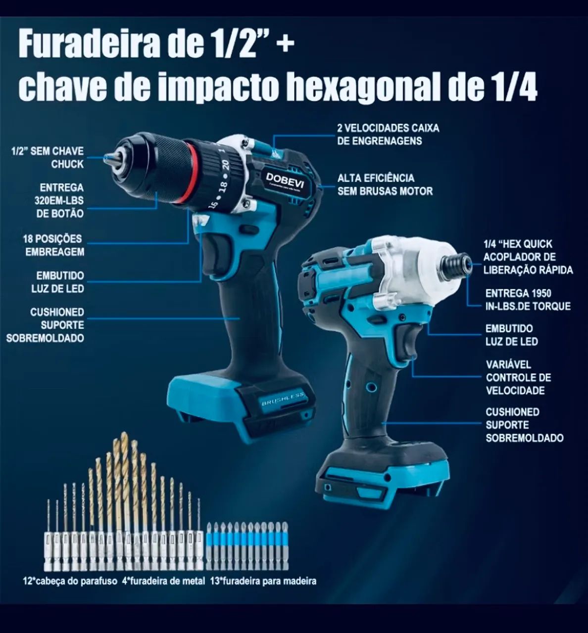 Kit parafusadeira chave impacto DOBEVI+36 acessórios  - Foto 5
