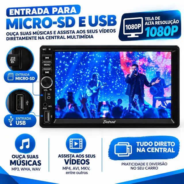 Central Multimídia 7 Polegadas Detroit MP5 USB Bluetooth + Câmera de Ré Brinde  - Foto 3