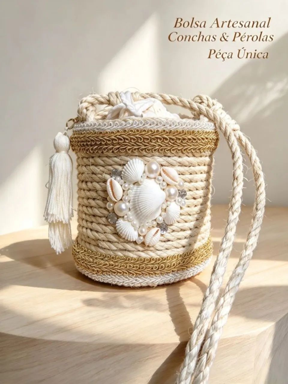 Bolsa em sisal exclusiva buzios e pérolas 