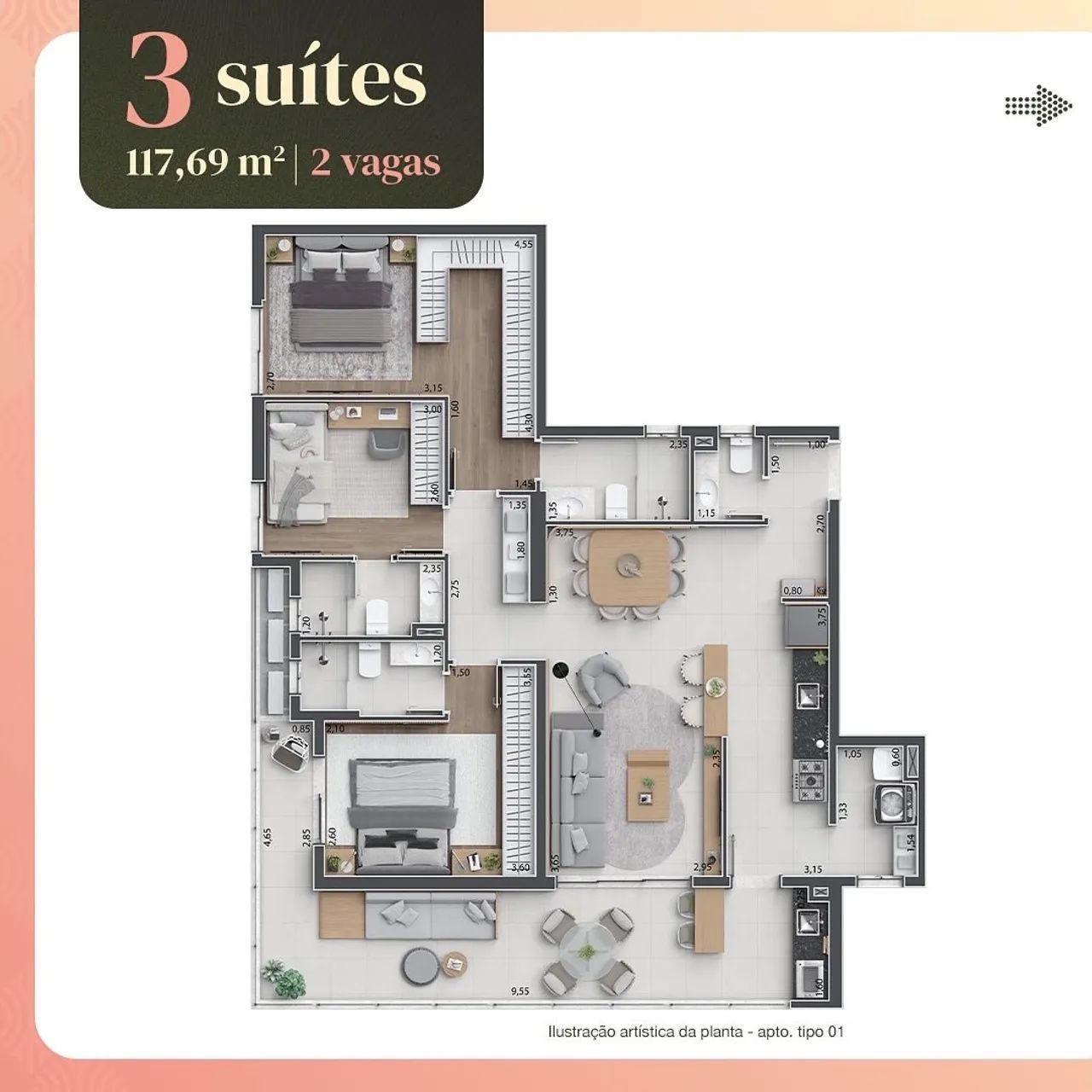 Apartamento com 3 suítes 