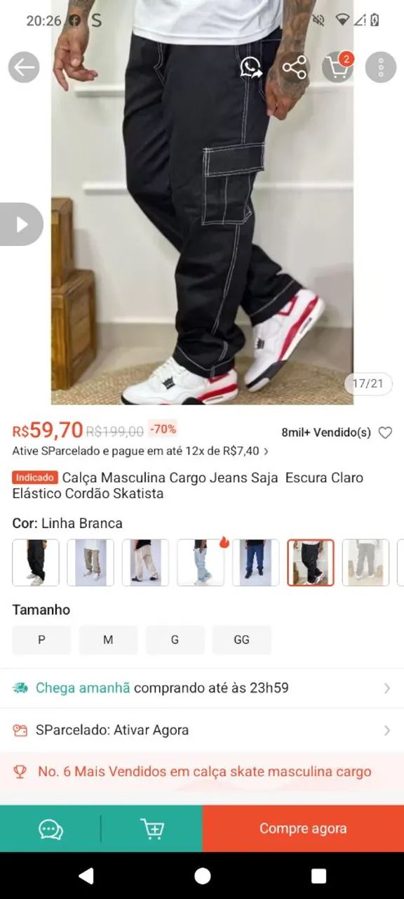 Calça cargo masculina nova sem uso