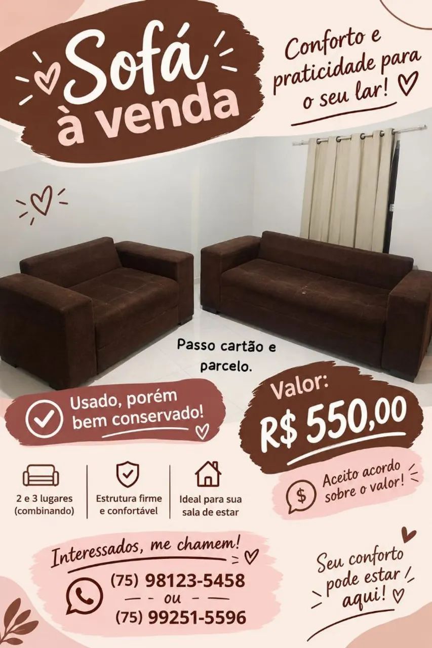 Conjunto de sofá marrom. 2 e 3 lugares Usado podem conservado.