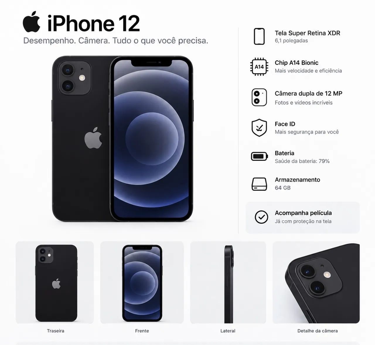 iPhone 12 64GB Preto - Com Película