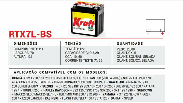 Bateria moto Kraft 6ah CB 250/300 Fazer 250 - Foto 5