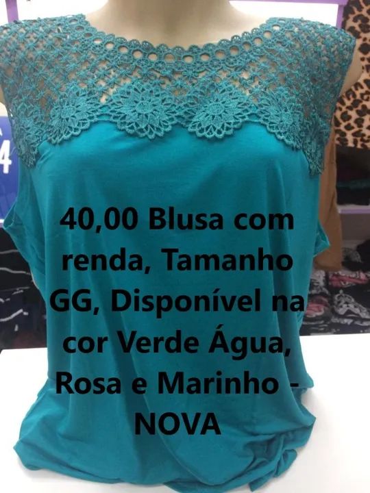 Blusa com renda, Tamanho GG, Disponível na cor Verde Água, Rosa e
